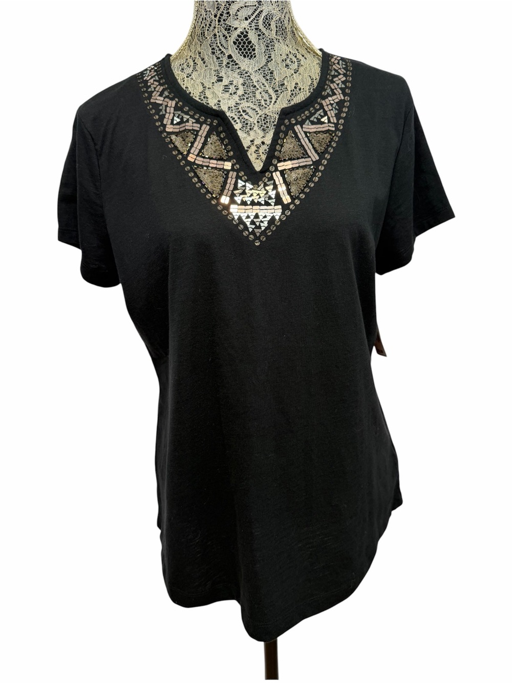 NorthCrest Classic Large Black Embellished Studded Short Sleeve Top NWT